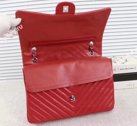 Chanel Maxi Classic Flap Bag Red Chevron Sheepskin Leather A58601 Silver