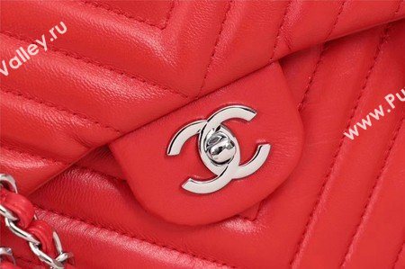 Chanel Maxi Classic Flap Bag Red Chevron Sheepskin Leather A58601 Silver