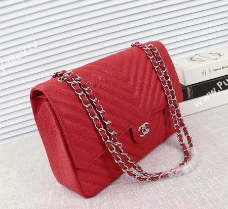 Chanel Maxi Quilted Classic Flap Bag Red Chevron Cannage Pattern A58601 Silver