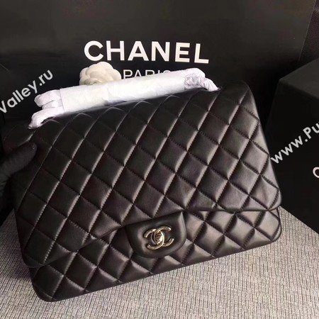 Chanel Maxi Quilted Classic Flap Bag Black Sheepskin Leather A58601 Silver