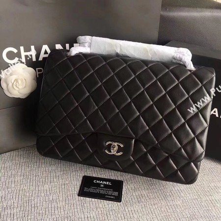 Chanel Maxi Quilted Classic Flap Bag Black Sheepskin Leather A58601 Silver