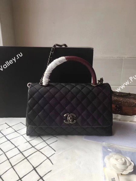 Chanel Classic Red Top Handle Bag Black Original Leather A92292 Silver