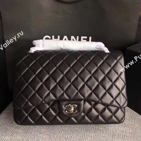 Chanel Maxi Quilted Classic Flap Bag Black Sheepskin Leather A58601 Silver
