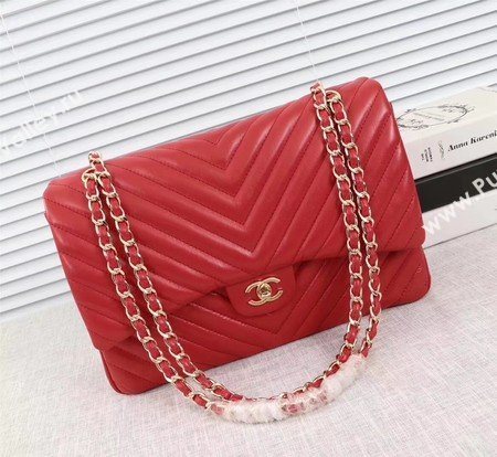 Chanel Maxi Classic Flap Bag Red Chevron Sheepskin Leather A58601 Gold