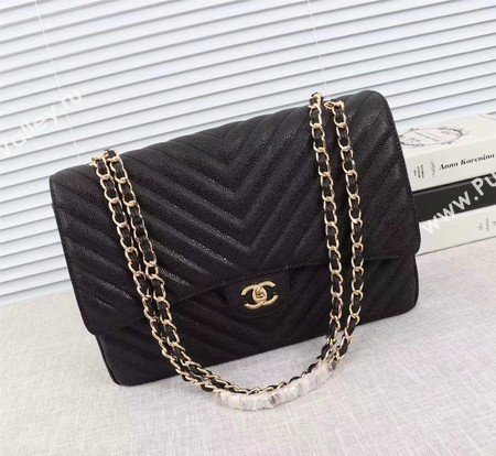 Chanel Maxi Quilted Classic Flap Bag Black Chevron Cannage Pattern A58601 Gold