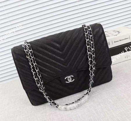 Chanel Maxi Quilted Classic Flap Bag Black Chevron Cannage Pattern A58601 Silver