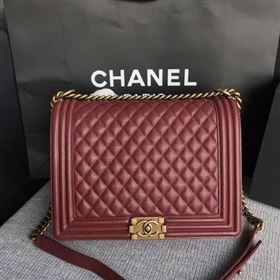 Boy Chanel Flap Shoulder Bag Wine Original Cannage Pattern A67087 Gold