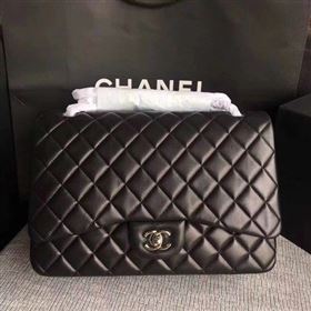 Chanel Maxi Quilted Classic Flap Bag Black Sheepskin Leather A58601 Silver