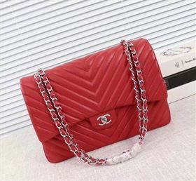 Chanel Maxi Classic Flap Bag Red Chevron Sheepskin Leather A58601 Silver