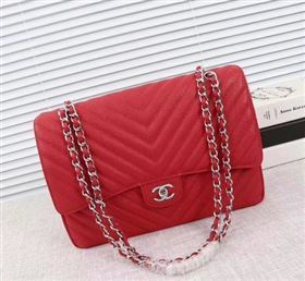 Chanel Maxi Quilted Classic Flap Bag Red Chevron Cannage Pattern A58601 Silver