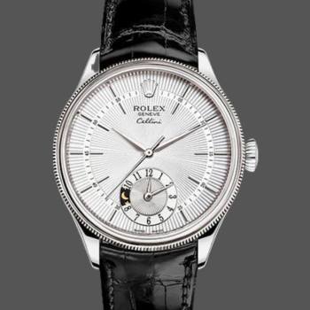Rolex Cellini Dual Time 50529 Silver Sunburst Dial Brown Leather Strap 39mm Mens Watch (w15326104)