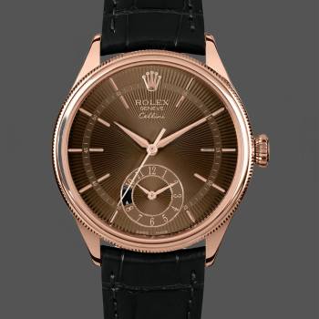 Rolex Cellini Dual Time 50525 Brown Guilloche Dial Black Leather Strap 39mm Mens Watch (w15326119)