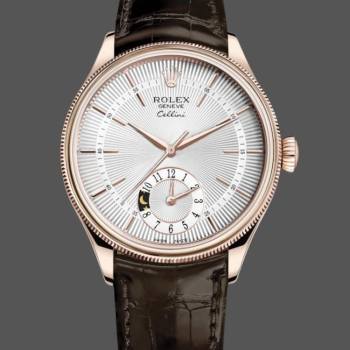 Rolex Cellini Dual Time 50525 Silver Dial Brown Leather Strap 39mm Mens Watch (w15326126)