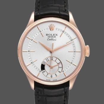 Rolex Cellini Dual Time 50525 Silver Dial Black Leather Strap 39mm Mens Watch (w15326138)