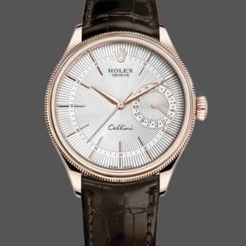 Rolex Cellini Date Rose Gold Silver Crocodile Leather Strap 50515 39mm Mens Watch (w15325460)
