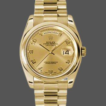 Rolex Day-Date 118208 champagne dial Arabic Numeral Hour Markers yellow gold 36mm Unisex Watch (w15325693)