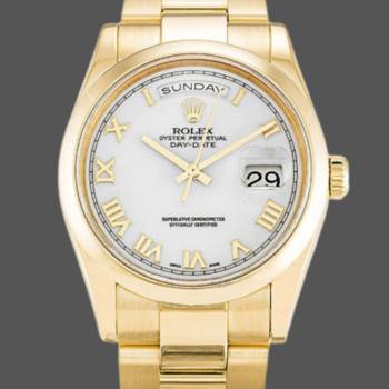 Rolex Day-Date 118208 Yellow Gold White Dial Roman Numeral 36mm Unisex Watch (w15325696)
