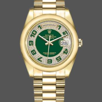 Rolex Day-Date 118208 Yellow Gold Green Diamond Paved Arabic Dial 36mm Unisex Watch (w15325731)