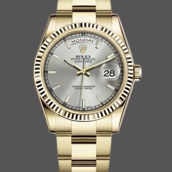 Rolex Day-Date 118238 Yellow Gold Silver dial Fluted Bezel 36mm Unisex Watch (w15325800)