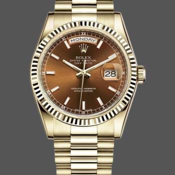 Rolex Day-Date 118238 Yellow Gold Index Cognac Dial 36mm Unisex Watch (w15325805)