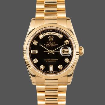 Rolex Day Date 118238 Yellow Gold Black Diamond Dial 36mm Mens Watch (w15325811)