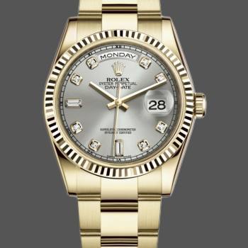 Rolex Day-Date 118238 Yellow Gold Silver Diamond Dial 36mm Unisex Watch (w15325815)