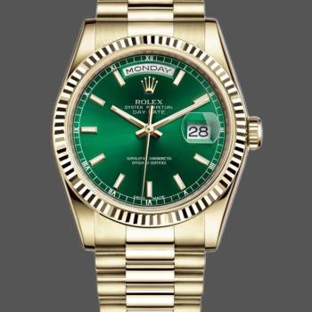 Rolex Day-Date 118238 Yellow Gold Fluted Bezel Green Dial 36mm Unisex Watch (w15325822)