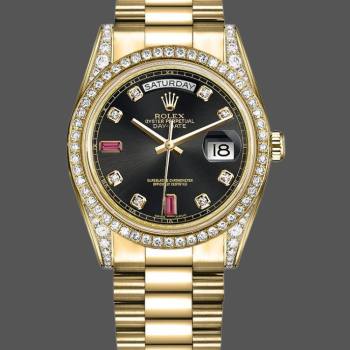 Rolex Day-Date 118388 Yellow Gold Black Diamond Rubies Dial 36mm Unisex Watch (w15325860)