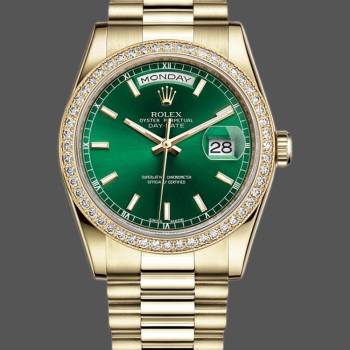 Rolex Day Date 118348 Green Index Dial Yellow Gold 36mm Unisex Watch (w15325904)