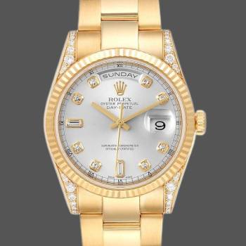 Rolex Day-Date 118338 Yellow gold Silver Diamond dial 36mm Unisex Watch (w15325939)