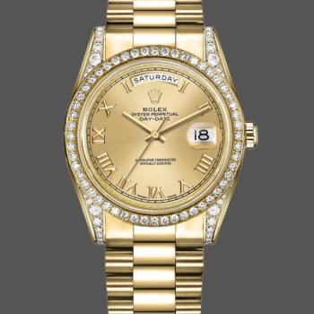 Rolex Day-Date 118388 Diamond Bezel Champagne Roman Numeral Dial 36MM Unisex Watch (w15326067)
