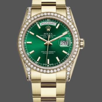 Rolex Day-Date 118388 Diamond Dezel Green Index Dial 36MM Unisex Watch (w15326079)