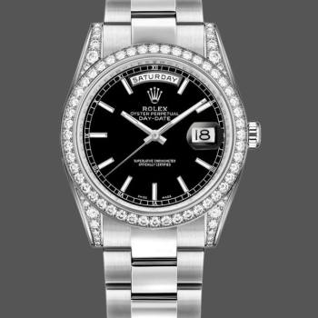 Rolex Day-Date 118389 Diamond Bezel Black Index Dial 36MM Unisex Watch (w15326088)