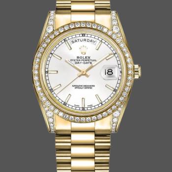 Rolex Day-Date 118388 Diamond Bezel White Dial 36MM Unisex Watch (w15326133)