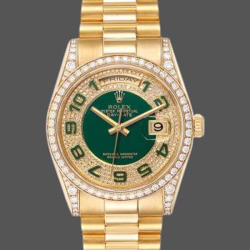 Rolex Day-Date 118388 Yellow Gold Green Enamel Diamond Dial 36MM Unisex Watch (w15326145)