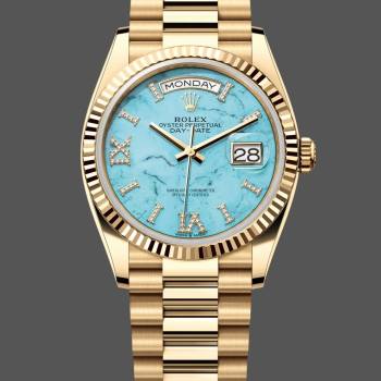 Rolex Day-Date 128238 Fluted Bezel Turquoise Diamond Dial 36MM Unisex Watch