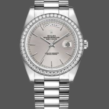Rolex Day-Date 128349RBR Silver Index Dial Diamond Bezel 36MM Unisex Watch (w15326256)
