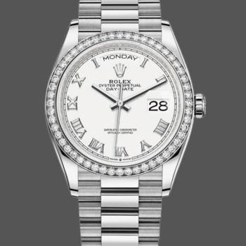Rolex Day-Date 128349RBR White Roman Dial Diamond Bezel 36MM Unisex Watch (w15326257)