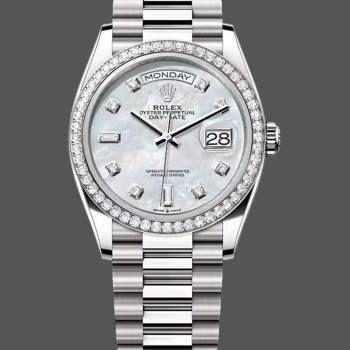 Rolex Day-Date 128349RBR White Mother of Pearl Dial Diamond Bezel 36MM Lady Watch (w15326343)