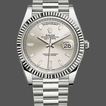Rolex Day-Date 228239 Silver Baguette Diamond Dial Fluted Bezel 40mm Mens Watch (w15326688)