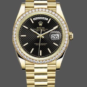 Rolex Day-Date 228348RBR Black Diagonal Motif Dial Diamond Bezel 40mm Mens Watch (w15326696)