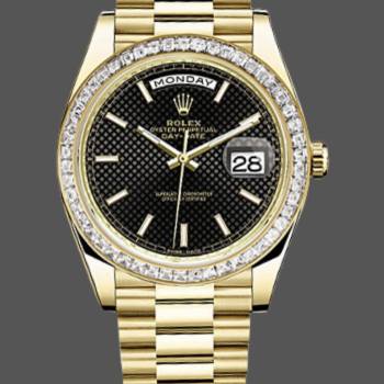 Rolex Day-Date 228398TBR Black Diagonal Motif Dial Diamond Bezel 40mm Mens Watch (w15326701)