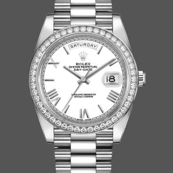 Rolex Day-Date 228349RBR White Roman Dial Diamond Bezel 40mm Mens Watch (w15326714)