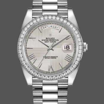 Rolex Day-Date 228349RBR Silver Roman Dial Diamond Bezel 40mm Mens Watch (w15326720)