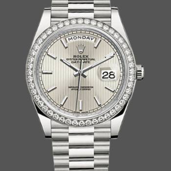 Rolex Day-Date 228349RBR Silver Stripe Motif Dial Diamond Bezel 40mm Mens Watch (w15326747)