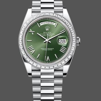 Rolex Day Date 40 Platinum Olive Green Dial Diamond Bezel M228396TBR 0020 Watch (w22028555)