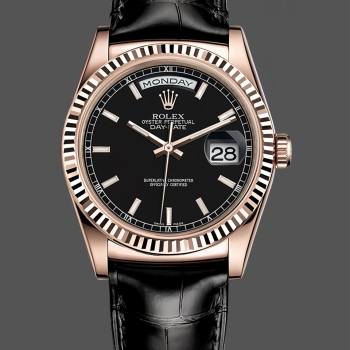 Rolex Day Date 36 Everose Gold Black Dial 118135 0063 Leather Watch (w22052978)