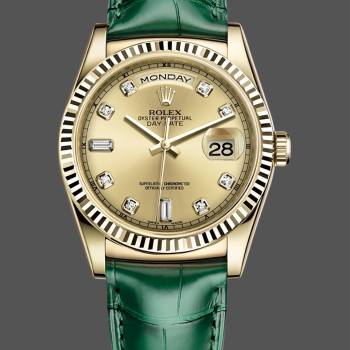 Rolex Day Date 36 Yellow Gold Champagne Dial 118138 0148 Green Leather Strap (w22052983)