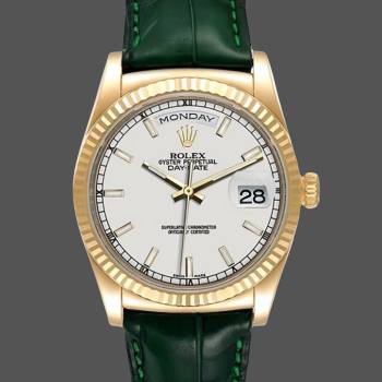 Rolex Day Date 36 White Dial 118135 0123 Green Leather Watch (w22052985)
