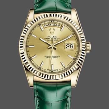 Rolex Day Date 36 Yellow Gold Champagne Dial 118138 0125 Green Strap (w22052987)